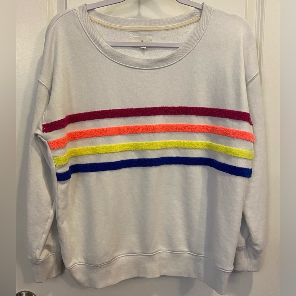 Lou & Grey Sweatshirt Sz XS White w/Colorful Terry Fuzzy Stripes